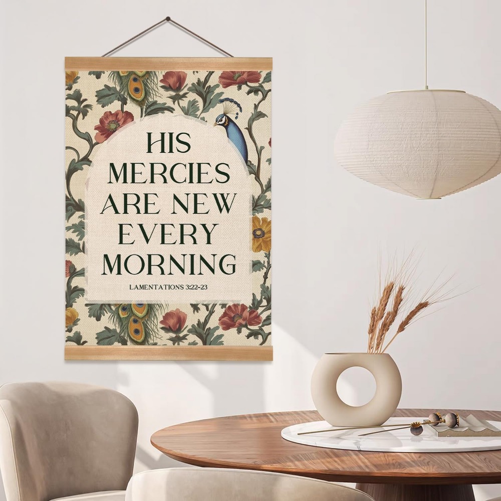 Art Print Framed - キリスト教ポスターアート、キリスト教聖書の一節「彼の慈悲は永遠に」ボヘミアンウォールアート、寝室、リビングルーム、オフィス用額装装飾