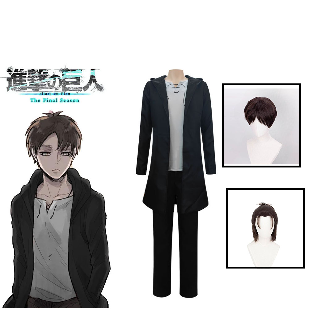 Anime Merchandise Online - エレンイェーガーコスプレ衣装アニメタイタン衣装ウィッグコスプレエレンイェーガー黒フード付きトレンチ Tシャツパンツハロウィン服