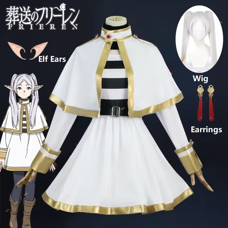 Frieren Anime Merchandise - 女性のコスプレ衣装,漫画のキャラクター,かつら,靴,魔術師のドレス,エルフの耳,ハロウィーンパーティー,クリスマス