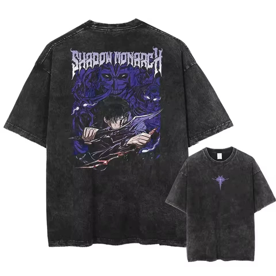 Anime Merchandise Solo Leveling - ウォッシュドアニメソロレベルリンググラフィックプリント半袖ラウンドネックY2k Tシャツメンズ服新作トップ＆TシャツメンズTシャツ50857