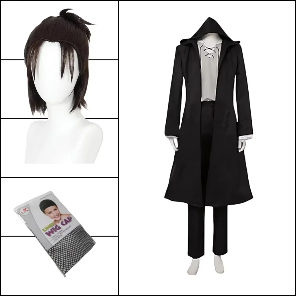 Anime Merchandise Online - 2026エレン・イェーガーコスプレ衣装アニメタイタンコスチュームウィッグコスプレエレン・イェーガーブラックフード付きトレンチTシャツパンツハロウィン服